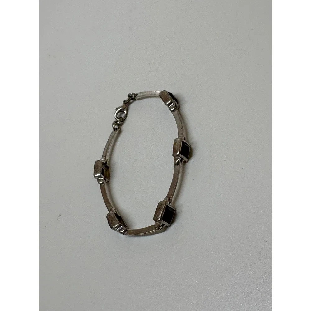 Vintage Silver Tone Black Square Stone Bar Link Bracelet Lobster Clasp 7.5in